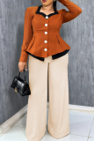 Casual Buckle Contrast Asymmetrical Collar Long Sleeve Two Pieces