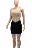 Sexy Solid Color See-Through Hot Drill O Neck Wrapped Skirt Dresses