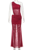 Sexy Solid Color See-Through Oblique Collar Two Pieces