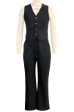 Casual Solid Color Buckle V Neck Sleeveless Two Pieces
