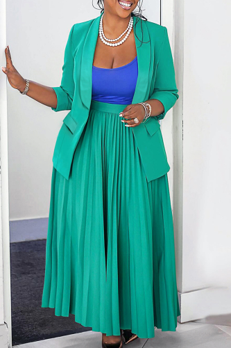 Casual Solid Color Pleated Turn-back Collar Plus Size Two Pieces