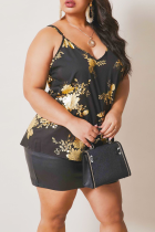 Sexy Print Patchwork Spaghetti Strap Plus Size Tops