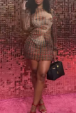 Sexy Print Contrast O Neck Wrapped Skirt Dresses