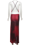 Sexy Print Backless High Slit Spaghetti Strap Long Dresses