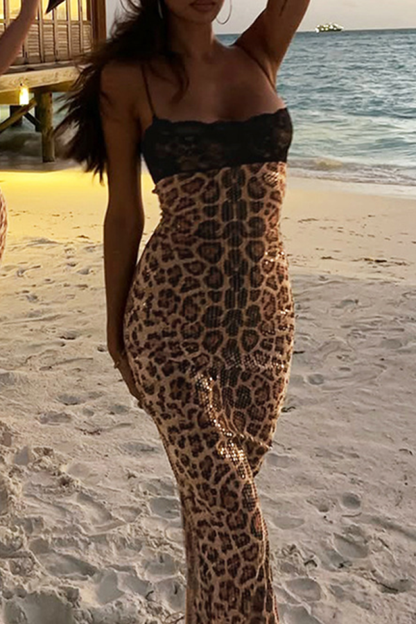 Sexy Leopard Print Lace Sequins Spaghetti Strap Long Dresses