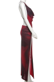 Sexy Print Backless High Slit Spaghetti Strap Long Dresses