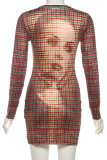 Sexy Print Contrast O Neck Wrapped Skirt Dresses