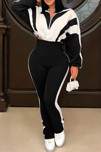 Casual Contrast Zipper Collar Plus Size Two Pieces