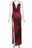 Sexy Print Backless High Slit Spaghetti Strap Long Dresses