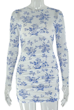 Elegant Print Contrast O Neck Wrapped Skirt Dresses