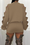 Casual Solid Color Hollow Out O Neck Long Sleeve Two Pieces