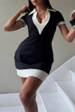 Elegant Solid Color Contrast Turndown Collar Wrapped Skirt Dresses