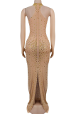 Sexy Solid Color See-Through Mesh Hot Drill Half A Turtleneck Long Dresses