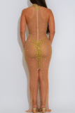 Sexy Solid Color See-Through Mesh Hot Drill Half A Turtleneck Long Dresses