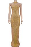 Sexy Solid Color See-Through Mesh Hot Drill Half A Turtleneck Long Dresses