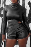 Casual Solid Color Slit O Neck Long Sleeve Two Pieces