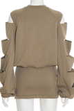 Casual Solid Color Hollow Out O Neck Long Sleeve Two Pieces