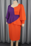 Elegant Solid Color Contrast Asymmetrical Collar Wrapped Skirt Plus Size Dresses