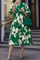 Elegant Print Contrast Turtleneck Long Plus Size Dresses