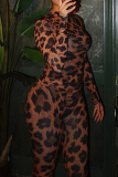 Casual Leopard Print Patchwork O Neck Long Sleeve Two Pieces