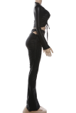 Casual Solid Color Hollow Out O Neck Long Sleeve Two Pieces