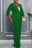 Casual Solid Color Beading Turn-back Collar Plus Size Tops