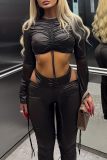 Casual Solid Color Hollow Out O Neck Long Sleeve Two Pieces