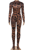 Casual Leopard Print Patchwork O Neck Long Sleeve Two Pieces