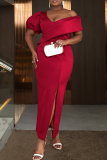 Elegant Solid Color Slit V Neck Long Plus Size Dresses