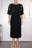 Elegant Solid Color Pleated O Neck Long Plus Size Dresses