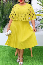 Elegant Solid Color Pleated O Neck Long Plus Size Dresses