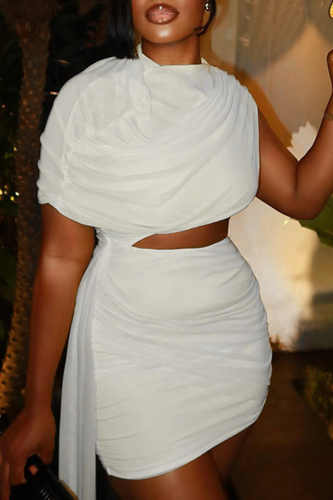 Sexy Solid Color Hollow Out O Neck Wrapped Skirt Dresses