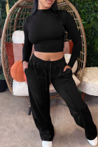 Casual Solid Color Draw String O Neck Long Sleeve Two Pieces