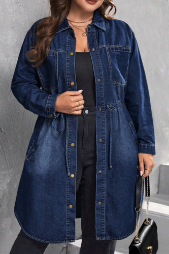 Casual Solid Color Draw String Buckle Turndown Collar Plus Size Overcoat