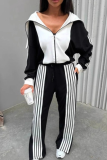 Casual Stripe Contrast Zipper Collar Long Sleeve Two Pieces