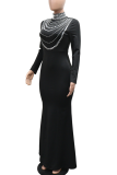 Elegant Solid Color Hot Drill Turtleneck Long Dresses