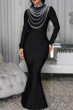 Elegant Solid Color Hot Drill Turtleneck Long Dresses