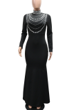 Elegant Solid Color Hot Drill Turtleneck Long Dresses