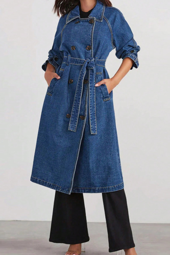 Casual Solid Color Buckle Turndown Collar Long Sleeve Loose Denim Jacket