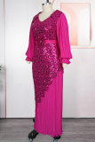 Elegant Solid Color Sequins O Neck Long Plus Size Dresses