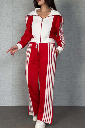 Casual Stripe Contrast Zipper Collar Long Sleeve Two Pieces