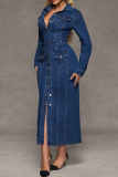 Casual Solid Color Buckle Turndown Collar Long Sleeve Bodycon Denim Dresses