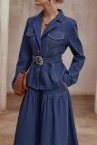 Casual Solid Color With Belt Turndown Collar Long Sleeve Two Pieces
