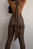 Sexy Leopard Print Patchwork O Neck Skinny Jumpsuits