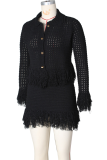 Casual Solid Color Fringed Trim Turndown Collar Long Sleeve Two Pieces