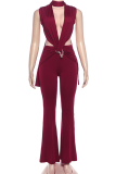 Sexy Solid Color Metal Accessories Trim Deep V Neck Bodycon Jumpsuits