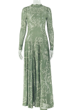 Elegant Print See-Through O Neck Long Dresses