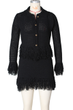 Casual Solid Color Fringed Trim Turndown Collar Long Sleeve Two Pieces