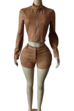 Street Solid Color Zipper O Neck Long Sleeve Two Pieces