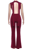 Sexy Solid Color Metal Accessories Trim Deep V Neck Bodycon Jumpsuits